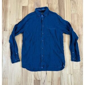 32 Bar Blues Shirt Mens Large Long Sleeve Button Linen Blue White Lines